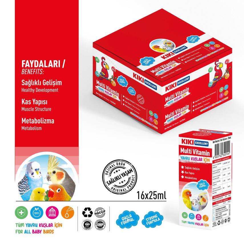 KIKI Excellent Kuş Yavru Kuşlar İçin Multi Vitamin 25 ml. 16 Adet (Kutu) - 2